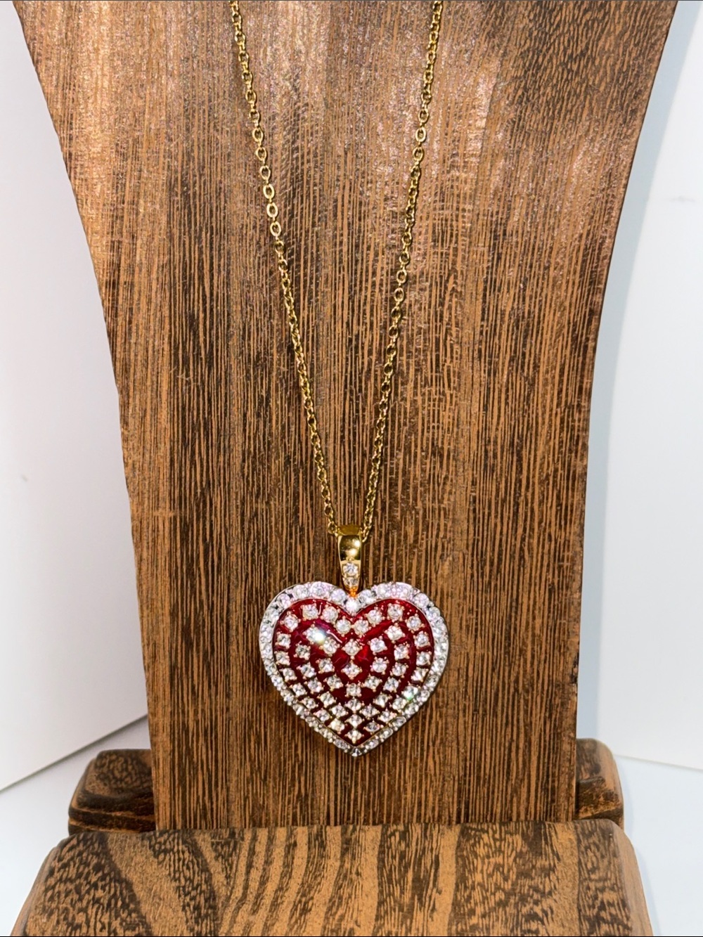 Vintage Nolan Miller Gold-Tone Heart Necklace with Red and Clear Crystals